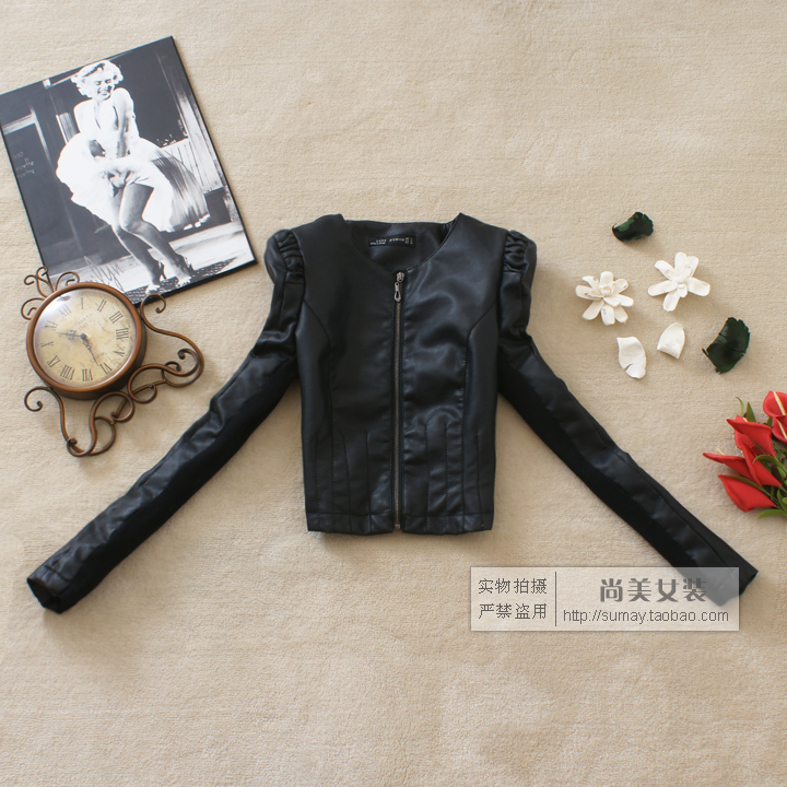 free shipping 2012 autumn women's outerwear fashion puff sleeve o-neck short design leather clothing jacket