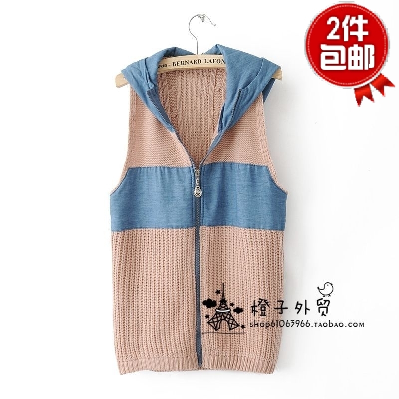 free shipping 2012 autumn women's outerwear multi-pocket denim patchwork sleeveless vest cape hooded cardigan