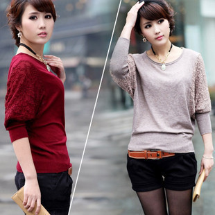 Free shipping, 2012 autumn women's plus size knitted long-sleeve batwing shirt loose sweater basic shirt lace