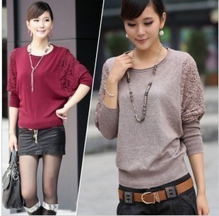 Free shipping, 2012 autumn women's plus size knitted long-sleeve batwing shirt loose sweater basic shirt thin female