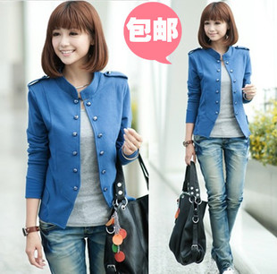 Free Shipping 2012 autumn women's solid color stand collar epaulette long-sleeve double breasted short jacket