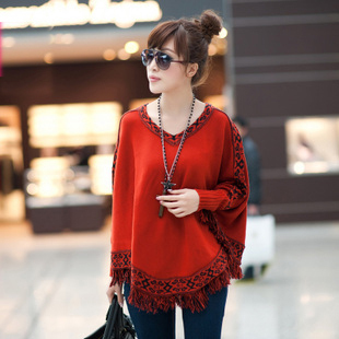 Free Shipping 2012 Autumn Women's V-neck Batwing Type Tassel Cloak Outerwear Sweater Black White And Red Wholesale And Retail