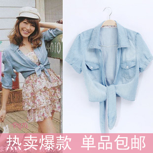 free shipping, 2012 autumn Women slim thin denim tieclasps shirt short-sleeve vintage coat small cape shrug