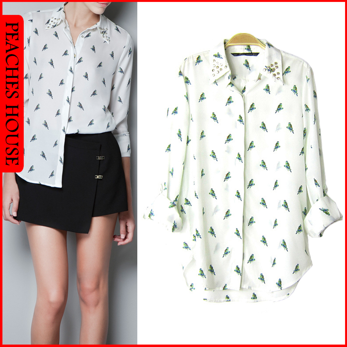 Free shipping 2012 autumn za diamond decoration parrot pattern loose faux silk chiffon shirt female