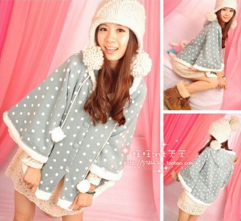 Free Shipping 2012 BEST NEW Berber Fleece Wool Circle Cloak Outerwear Batwing Sleeve Polka Dot Short Jacket D221