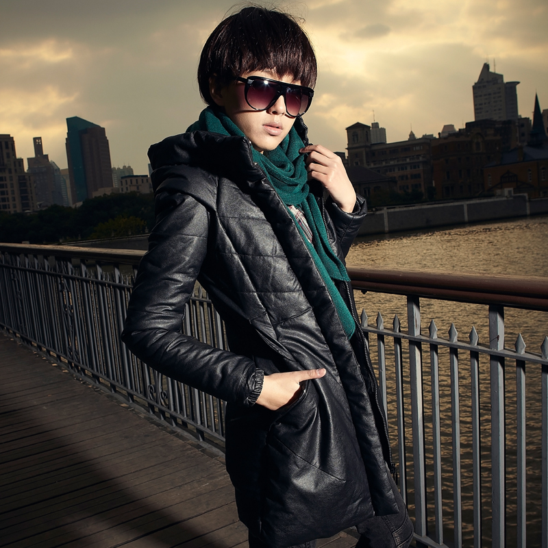 free shipping 2012 black hooded long design leather cotton-padded jacket outerwear 11g4219