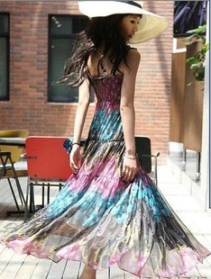 Free shipping,2012 bohemia peacock expansion bottom chiffon suspender skirt tube top beach full dress