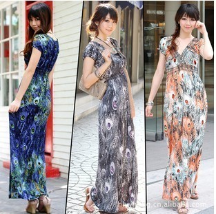 Free shipping 2012 bohemia peacock queen V-neck slim ultra long skirt one-piece dress beach dres s full dress 6856 women