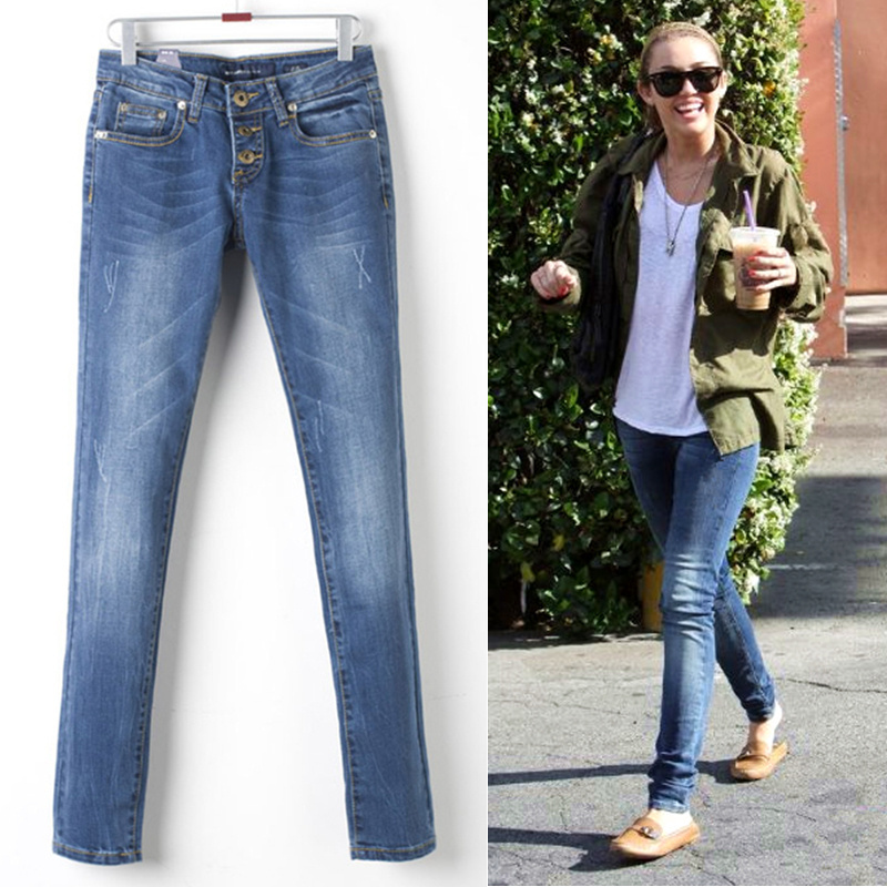 Free shipping, 2012 buttons jeans female skinny pants female pencil pants low-waist denim female trousers