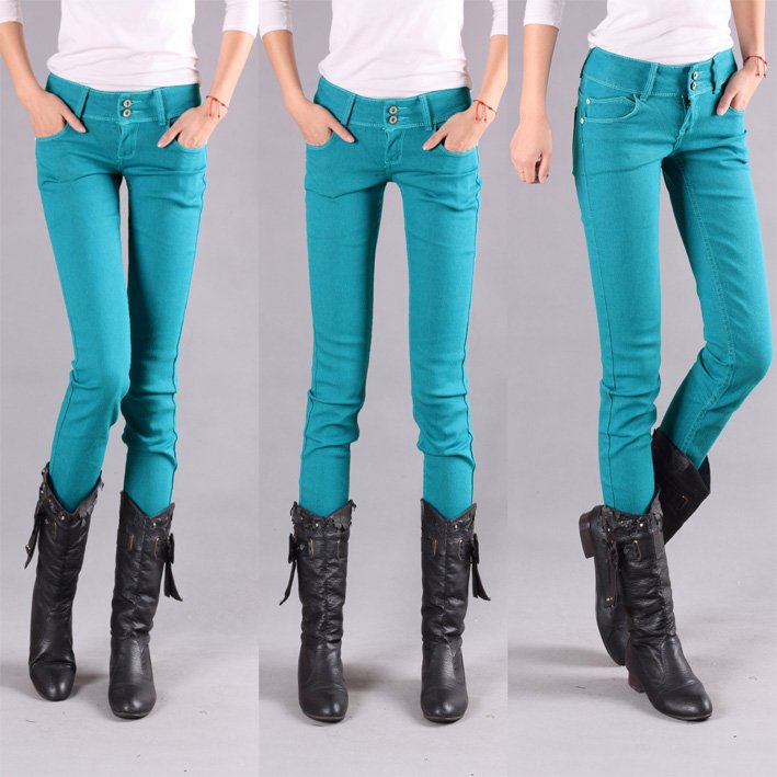 Free Shipping 2012 candy color elastic waist buttons jeans pencil skinny pants 3601