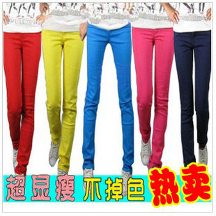 Free shipping 2012 candy pants female multicolour denim pencil pants elastic plus size multicolour basic trousers