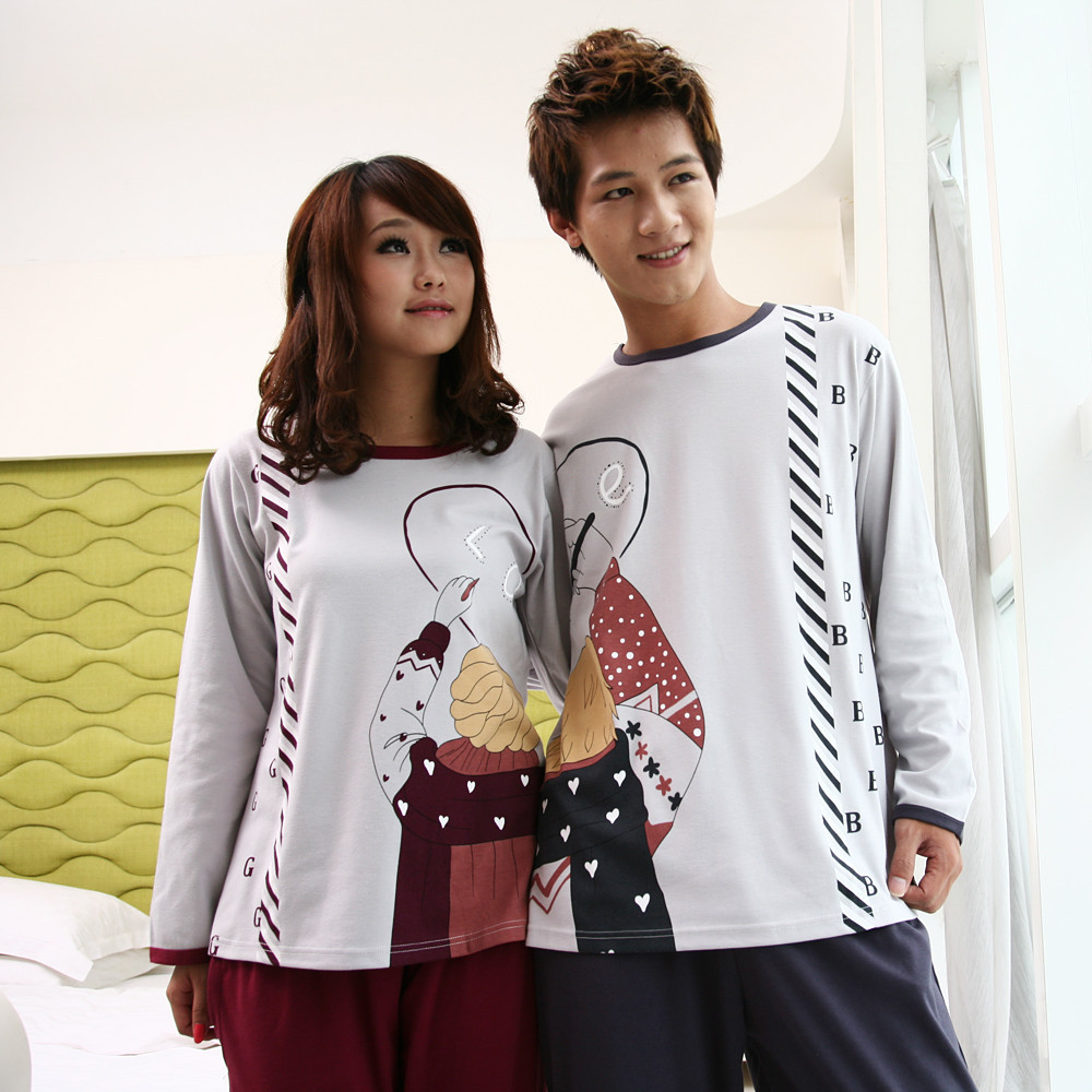 Free Shipping 2012 cartoon long-sleeve knitted cotton hot-selling lovers sleepwear male women's lounge set