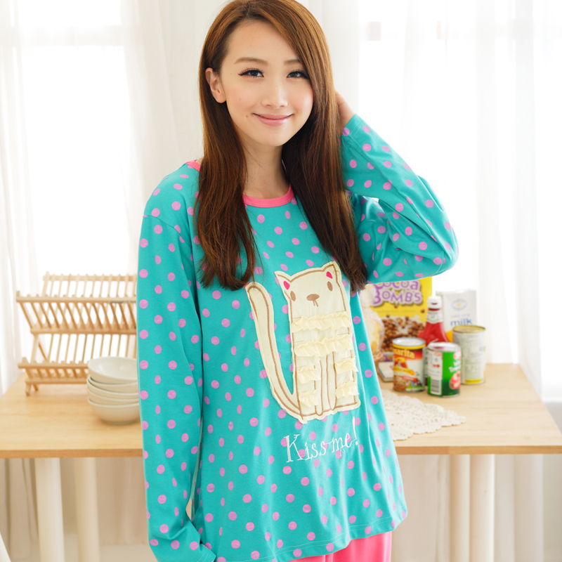 Free shipping! 2012 cartoon women's 100% cotton sleepwear lounge dot women's long-sleeve 100% cotton sleep set