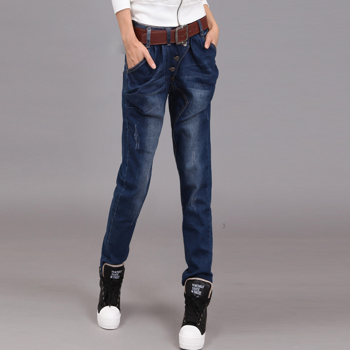 Free  shipping 2012 casual loose harem pants female buttons harem pants long denim