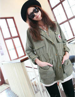 free shipping 2012 clothes outerwear clothes trench female spring and autumn vintage Army Green drawstring military slim waist