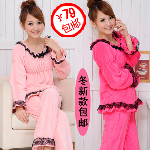 free shipping 2012 coral fleece lovers sleepwear lovers lounge pants set lace lovely sleepwear