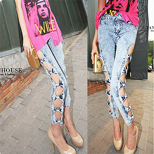 Free shipping 2012 cutout bow slim hip tight skinny jeans multicolour fashion women's jeans cool pant women's fashion clothing