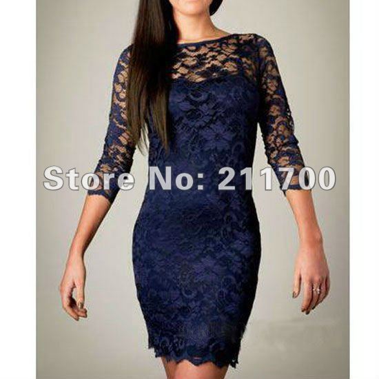 Free shipping 2012 Dark Blue Women's Fashion Lace Dress Slim Flower Boat Neck 3/4 Sleeve Dresses OL L/XL/XXL