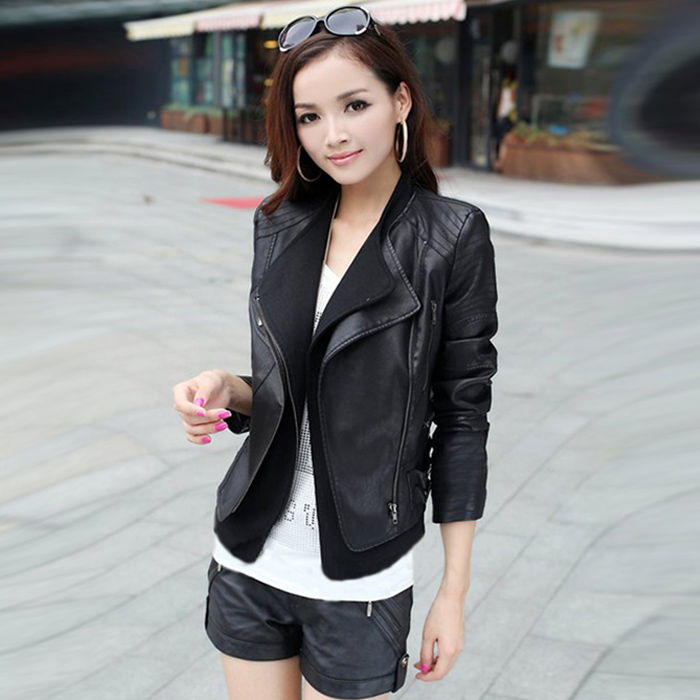 Free shipping 2012 double layer V-neck leather clothing PU short design slim women's outerwear leather jacket female plus size