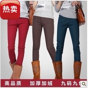 Free shipping 2012 elastic boot cut jeans women's thickening plus cotton jeans skinny pants candy plus velvet pencil pants