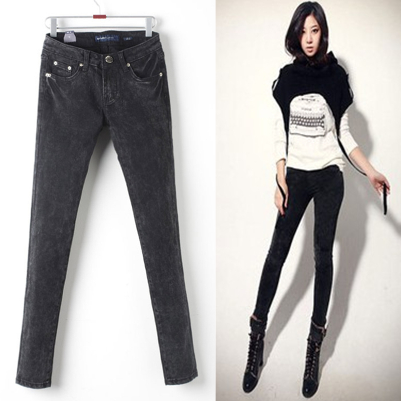 Free shipping, 2012 elastic slim jeans female skinny pants black denim female trousers