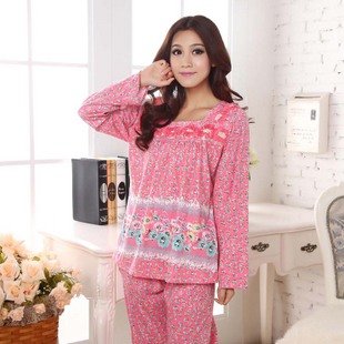 Free shipping 2012 elegant flower cotton pink long-sleeve sleepwear female lounge set twinset sleepwear women