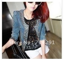 Free shipping 2012 fall new design antique denim jacket Rhinestone sequins long sleeve cowboy woman coat