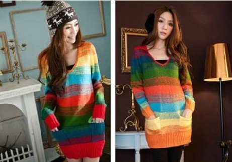 Free Shipping 2012 Fall Winter Korean Colorful Cardigans Rainbow Striped Sweater Loose Sweater(Red Yellow+ Average)120914#4