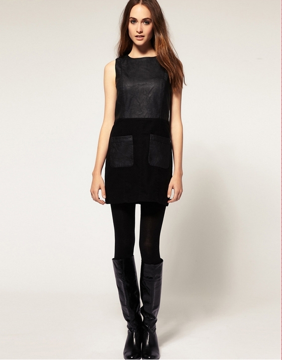 Free shipping 2012 fashion asos solid color slim o-neck long-sleeve leather mosaic pullover one-piece dress