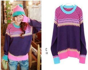 Free shipping 2012 Fashion autumn and winter new Diamond color jacquard loose collar spell color sweater! X17672435709