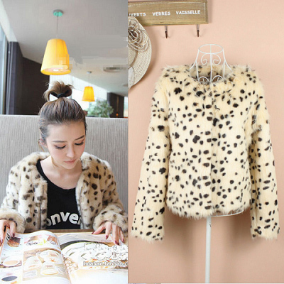 Free Shipping 2012 fashion autumn and winter women new arrival long-sleeve o-neck leopard print sploshes faux fur jacket top