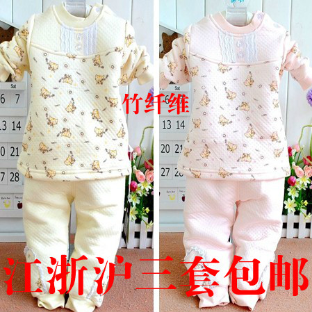 free shipping 2012 fashion bear baby bamboo fibre winter underwear thermal buckle set of underwear and underpants b1210