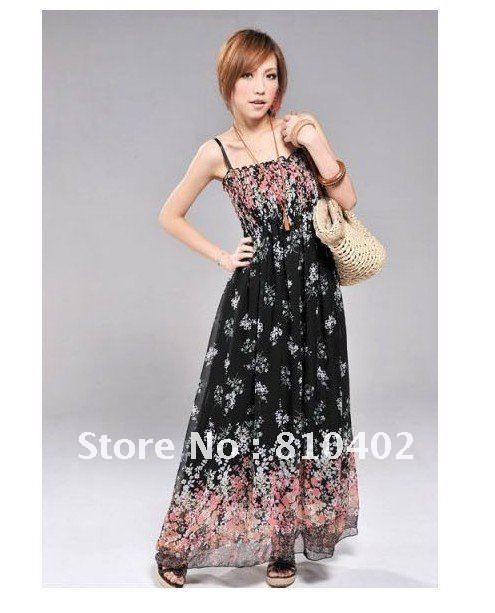 Free Shipping 2012 Fashion Bohemia Flowers Tank Bra Chiffon Long Dress, Dropshipping Lady's Summer Maxi Dress