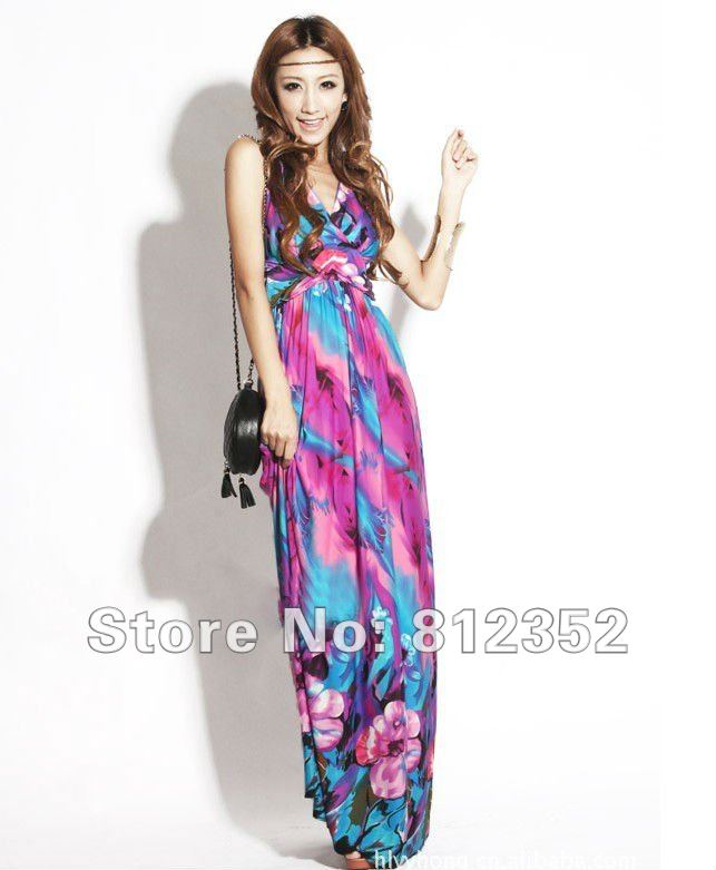 Free Shipping 2012 Fashion Bohemian Printed women dresses purple Summer Beach Halter Maxi Dress Floral skirt wholesale retail