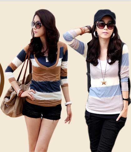 Free shipping! 2012 fashion Bump color V collar off two piece set long sleeve T-shirt  X20917792840