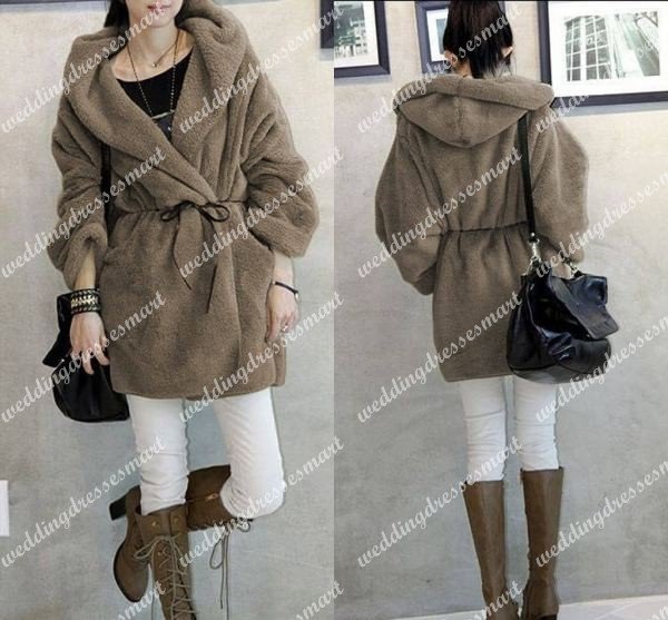 Free Shipping 2012 Fashion Cheap Cloak Faux Wool Fur coat Fall Winter Fluffy Belted Lady Women Long Coat Khaki Grey Black #050