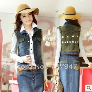 Free shipping 2012 Fashion denim vest and denim full dress twinset long skirt Classical Vintage jean vest skirts women Wholesale