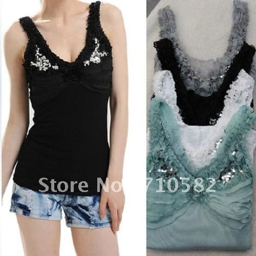 Free shipping 2012 fashion design women paillette deep sexy V-necked lace camisole, Supporter vest, under shirt(grey)