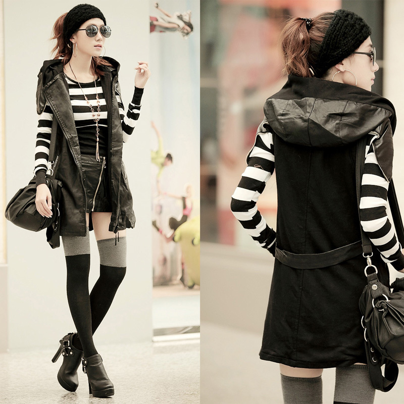 free shipping 2012 fashion elegant diamond fashion elegant PU patchwork vest with a hood vest medium-long outerwear