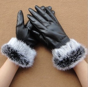 Free shipping 2012 Fashion Genuine Leather Winter Glove Women Made by Grade-A Lamb/Sheep Skin with Rabit Fur Gift box packing