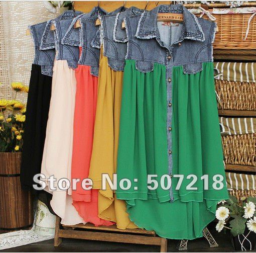 free shipping 2012 Fashion jeans stitching collar sleeveless chiffon shirt denim skirt cheap price fast ship