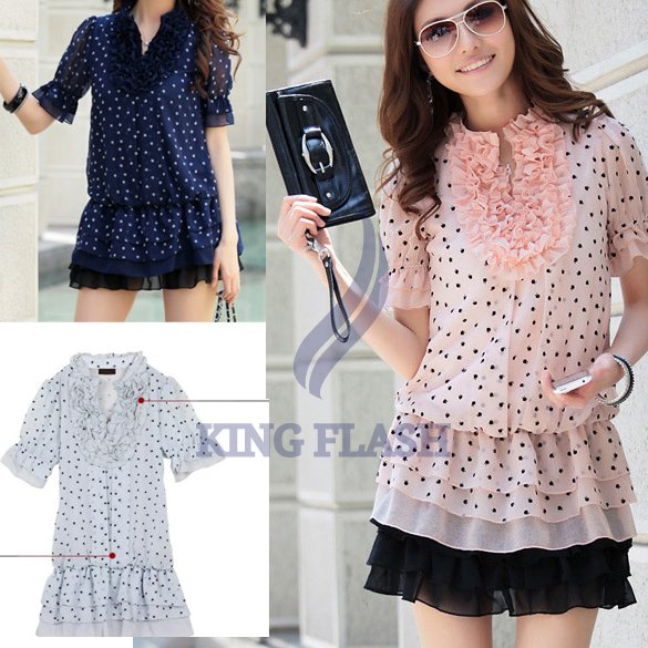 free shipping 2012 Fashion new Women's Fungus Chiffon dot dress with short sleeves Dress 5375