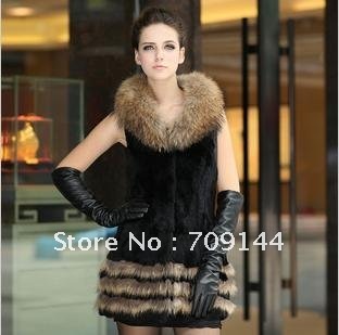 Free Shipping 2012 Fashion Noble rabbit fur raccoon Fur Collar coat vest women M L XL XXL XXXL