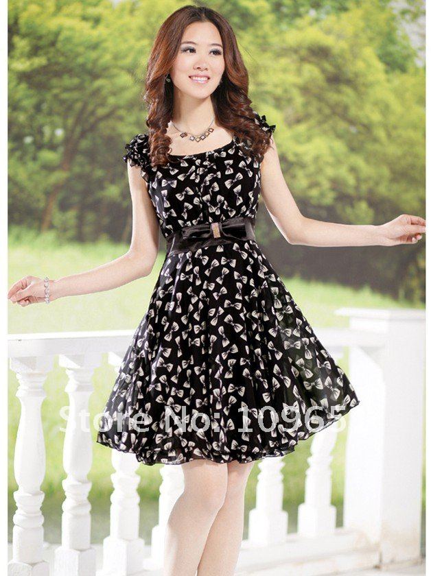 Free shipping!2012 Fashion simplicity Women Chiffon dress ,Bow Fahison full dress,Summer new arrival,Size fromM-XXXL