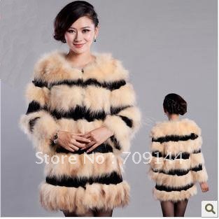 Free Shipping 2012 Fashion Stripe rabbit fur raccoon fur women winter coat