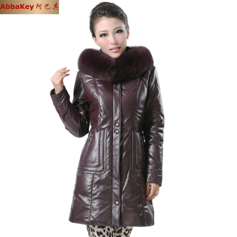 free shipping 2012 fashion  winter genuine leather  down coat  medium-long large fox fur tie cap sheepskin  women's coat jacket