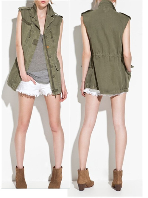 Free shipping 2012 fashion Women epaulette medium-long military tooling vest top Army Green vest women's