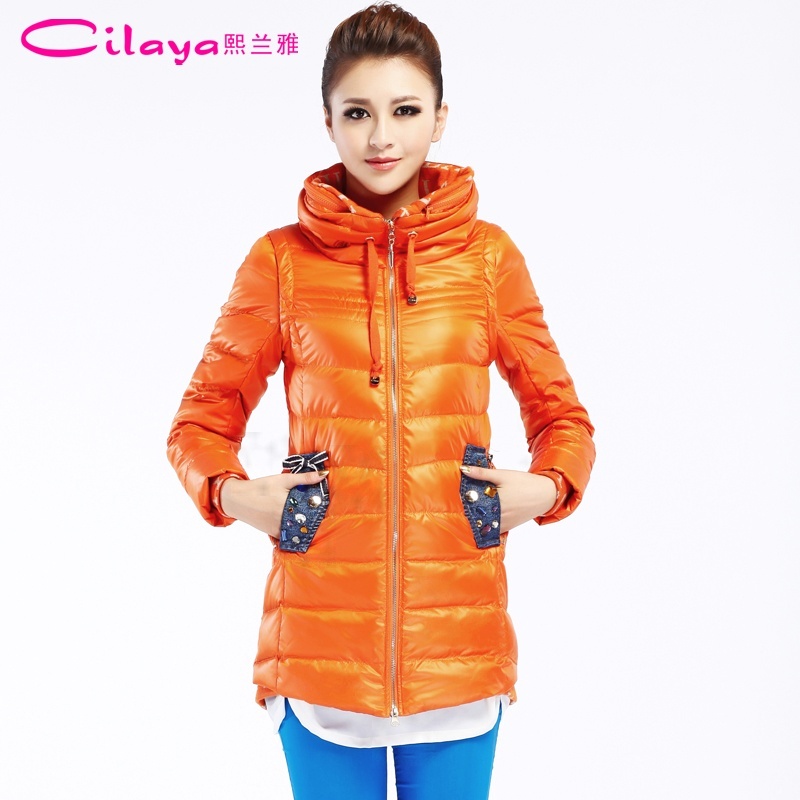 Free shipping 2012 fashion women's down jacket  slim with a hood stand collar  medium-long   c2702 down coat