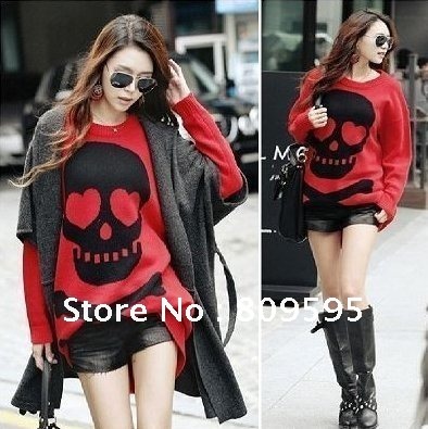 Free shipping , 2012 fashion women's Long Sleeve Black Skull Trendy Knit Pullovers, Knitting sweater