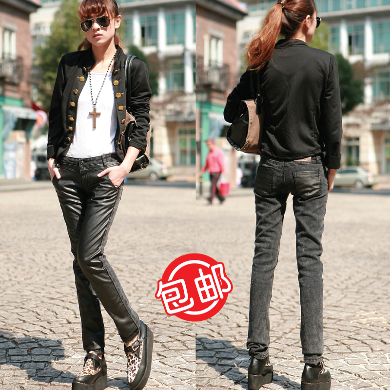 Free shipping 2012 faux leather boot cut jeans pencil pants jeans female for four seasons